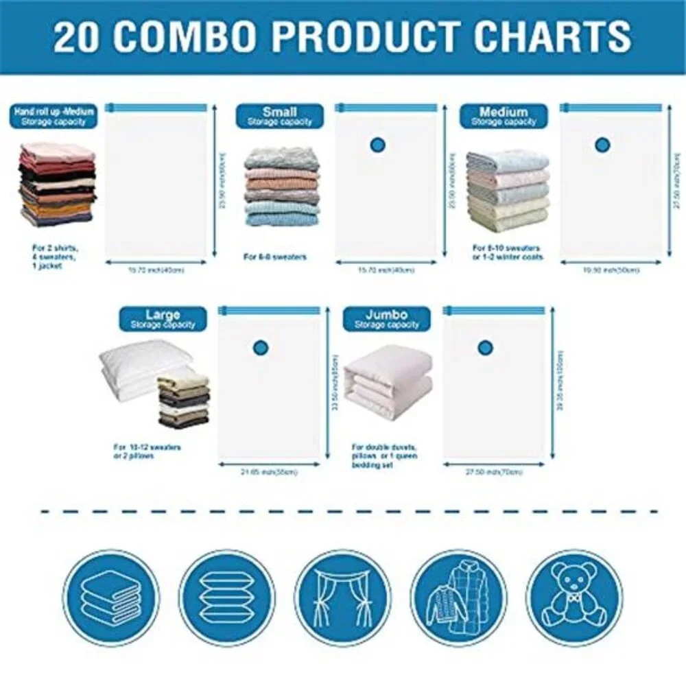 20 Pack Vacuum Storage Bags Jumbo Large Travel Compression w/ Pump